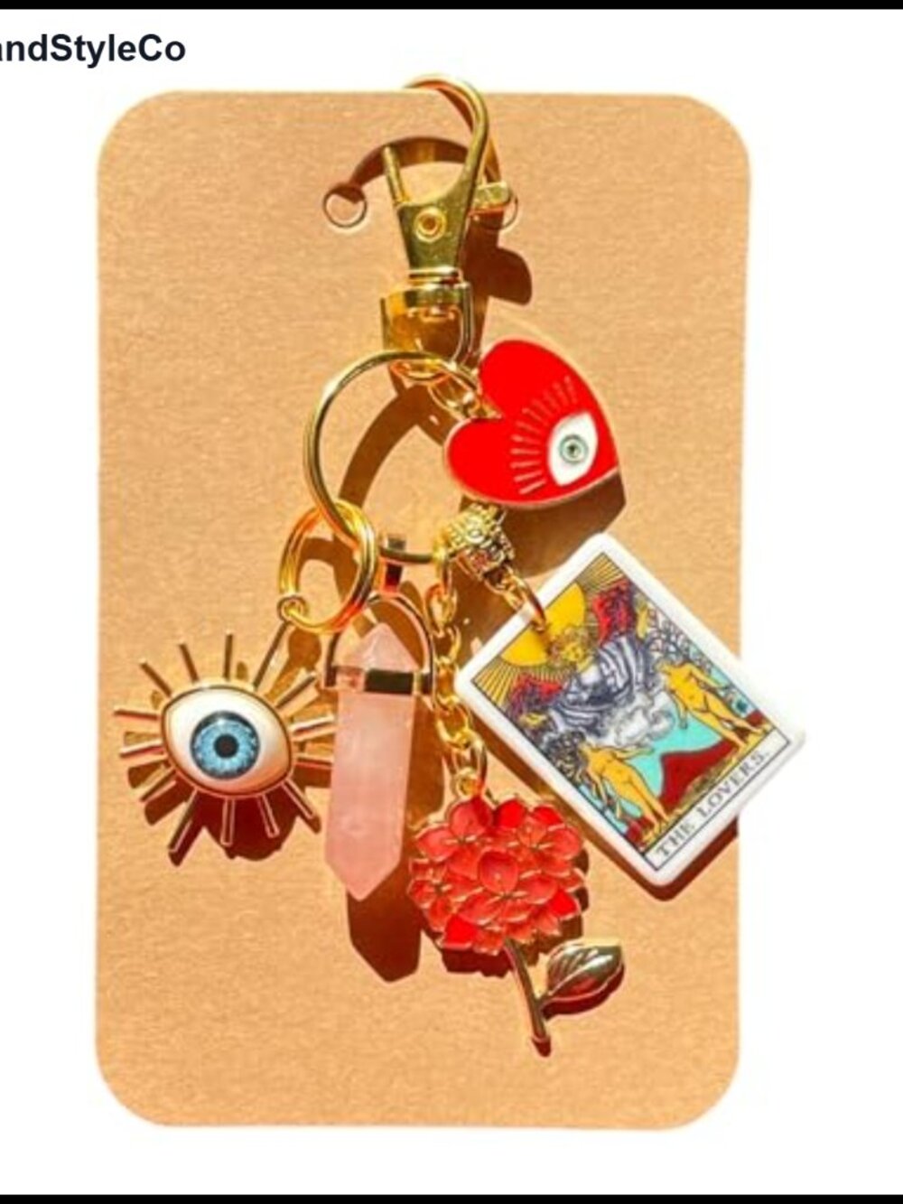 Rose Quartz Lovers Tarot Card Evil Eye Handbag Charm Keychain